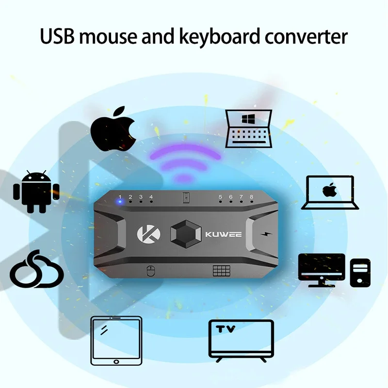 5.0 Bluetooth-Konverter, USB-verkabelte Tastatur und Maus auf kabellosen USB-Hub-Adapter, unterstützt 8 Geräte für Tablet, Laptop, Handy