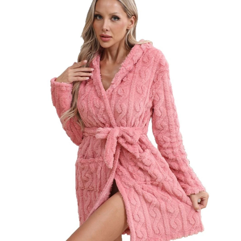 Women Solid Color Coral Fleece Sunken Stripe Bathrobe Hooded Cardigan Pajamas Long Sleeve Home Robe Comfortable Autumn Winter Loungewear For Ladies Home Wear