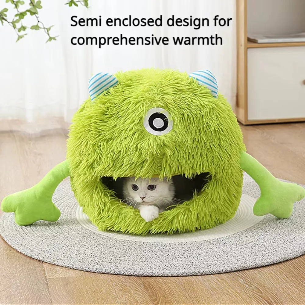 New Pet Bed Winter Warm Cat Nest Plush Monster Pet Villa Detachable Washable Semi Enclosed Cats Den Cartoon House Pet Products