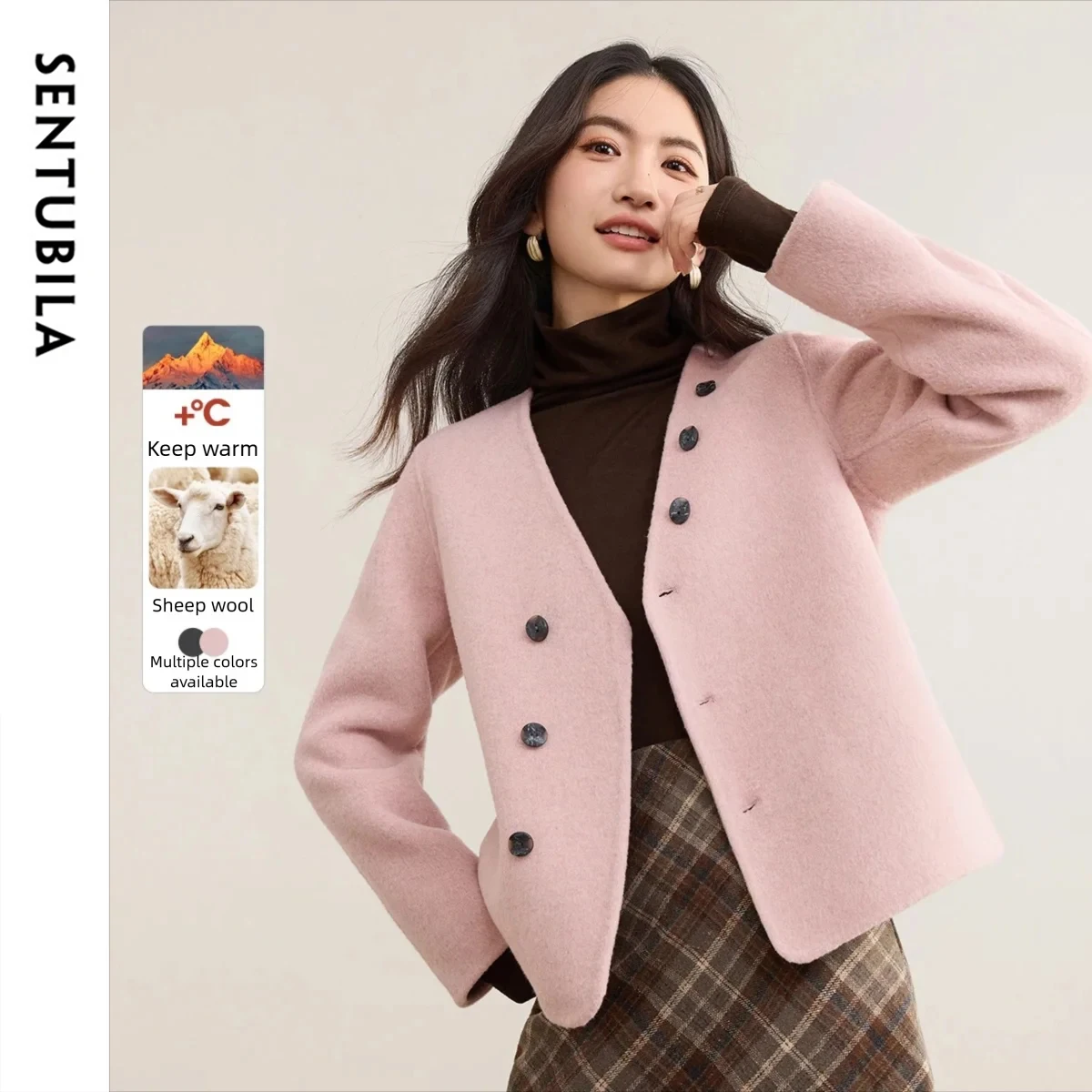 เสื้อโค้ทขนสัตว์สองด้าน SENTBUILA สำหรับผู้หญิง ฤดูใบไม้ร่วง ฤดูหนาว 2025 คอวี ทรงหลวม แจ็คเก็ตขนเป็ดแบบสั้น เสื้อคลุมตัวนอกสำหรับผู้หญิง รุ่น W54OF2424