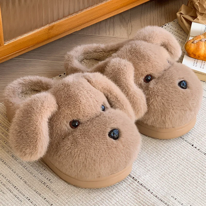 

Ins new puppy design winter slippers woman cozy indoor furry slides women's fluffy dog slippers snug fuzzy home shoes backless