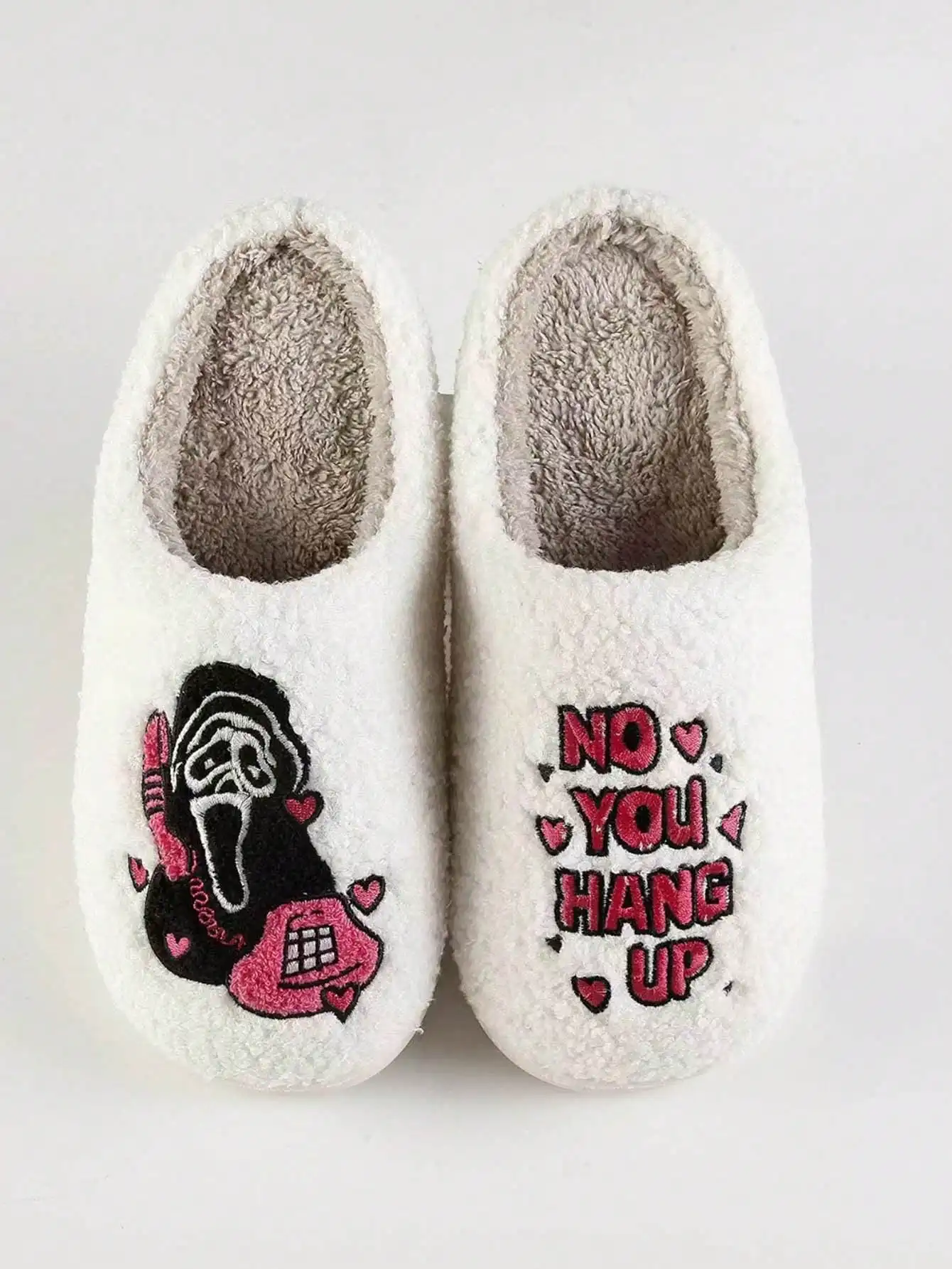 

Autumn Winter Funny Ghost Face Slogan Plush Slippers, Cool Embroidered Warm Anti-Slip Women Home Closed Toe Slippers