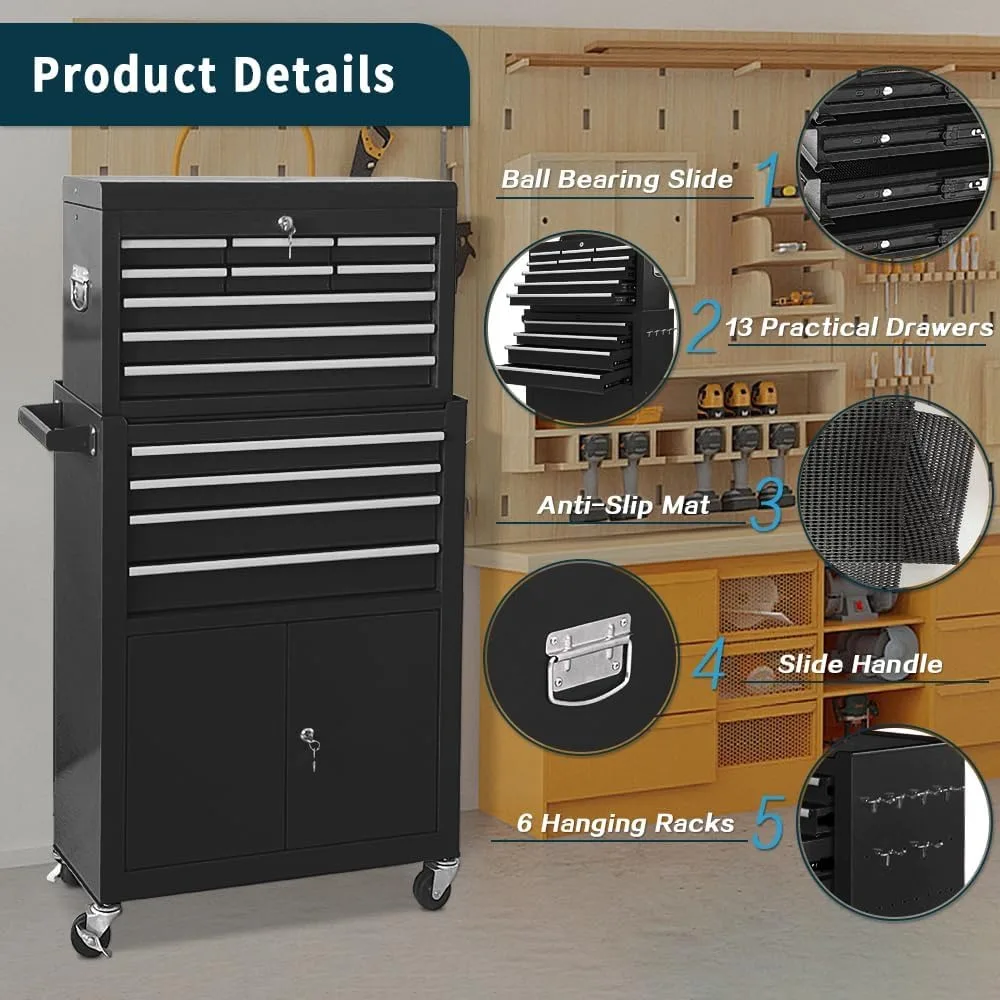 صندوق أدوات دوار مكون من 13 درجًا مع أبواب مزدوجة وصندوق أدوات كبير قابل للفصل لتخزين الميكانيكي