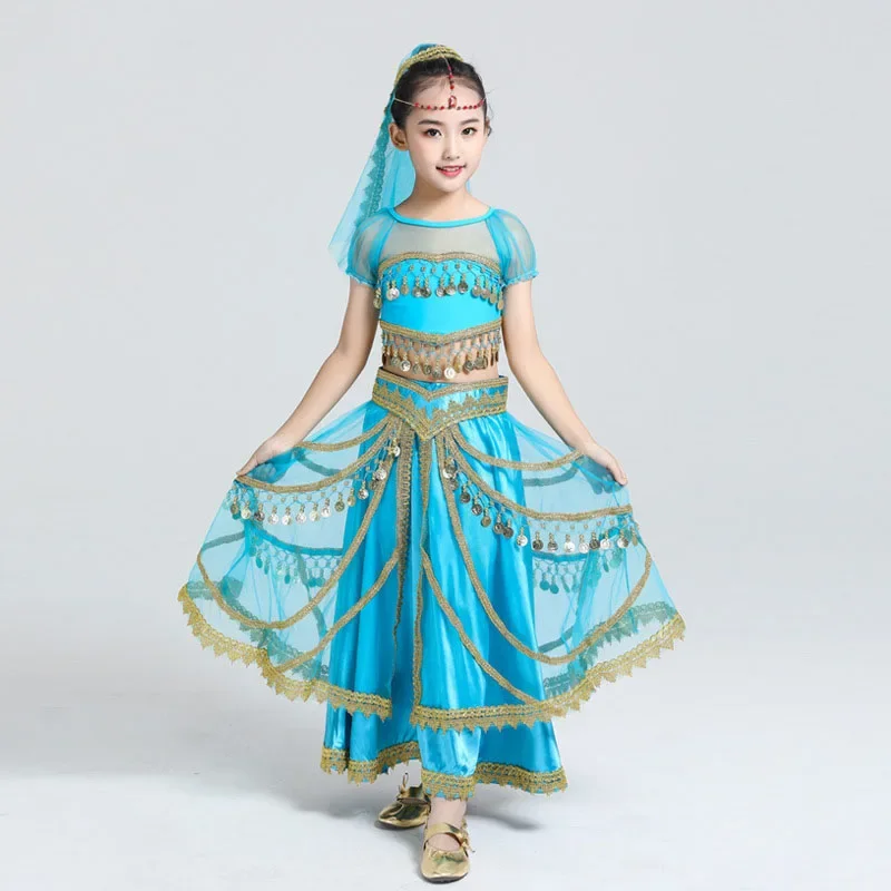 

Children Kid's Halloween Belly Dance Chiffon Bollywood Costume Indian Dance Outfit 5pcs Set (Top Belt Skirt Veil Headpiece)