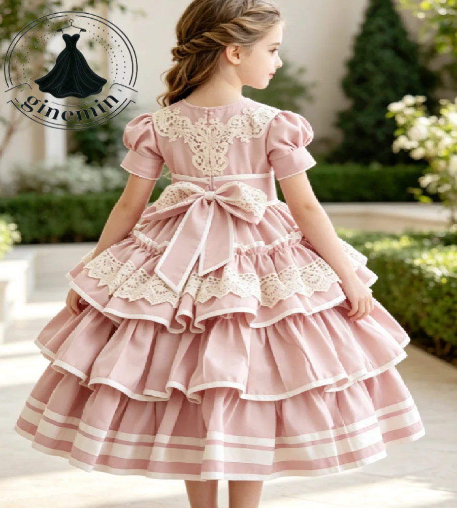 Blush Pink Flower Girl Dresses Puff Sleeves 3D Floral Embroidery Lace Cuff Satin Sash Big Bow Back Multi‑Tier Baptism Birthday