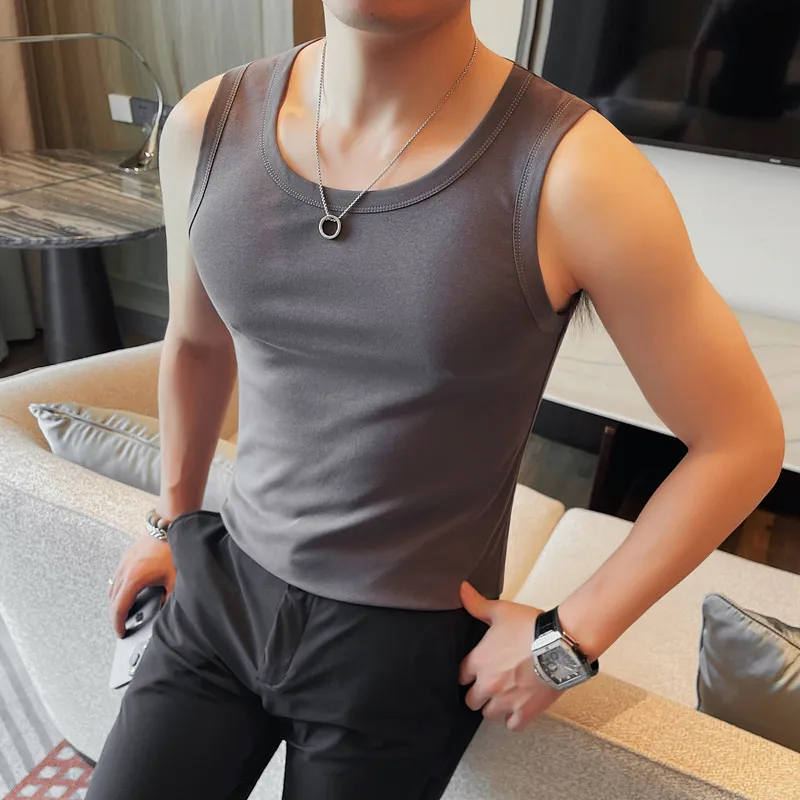 

2024 Summer Men's Fashion Sleeveless Vest Korean Round Neck Solid Color Slim Fit Versatile Sports Vests Tops 4XL-M