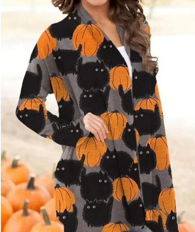 Halloween Cardigan for Women Pumpkin Cat Print Knitted Cardigans Sweaters Lightweight Long Sleeve Open Front Outwear