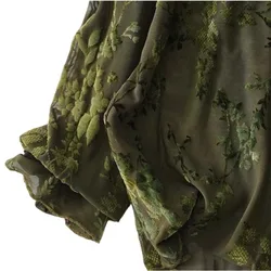 ダークグリーンの植毛メッシュ生地,ジャカード生地,バーアウトファブリック,チュールレース,縫製ドレス,チョーサム,レトロ,1ヤード