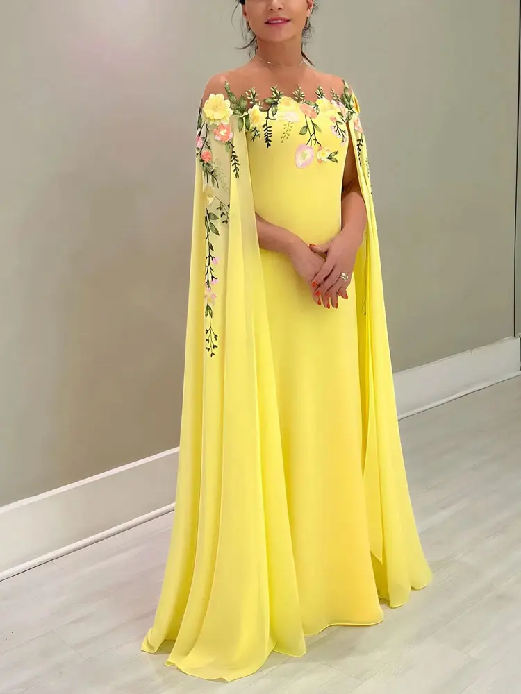 

Chic Yellow Mother Of The Bride Dresses Sheer Neck Embroidery Appliqued Leaf Wedding Guest Dress with Floor Length Evening Gowns