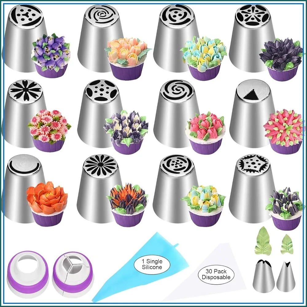 47-Piece Russian Piping Tips Set for Cake Decorating, Flower Frosting Nozzles, Baking Supplies for Cookies & Cupcakes