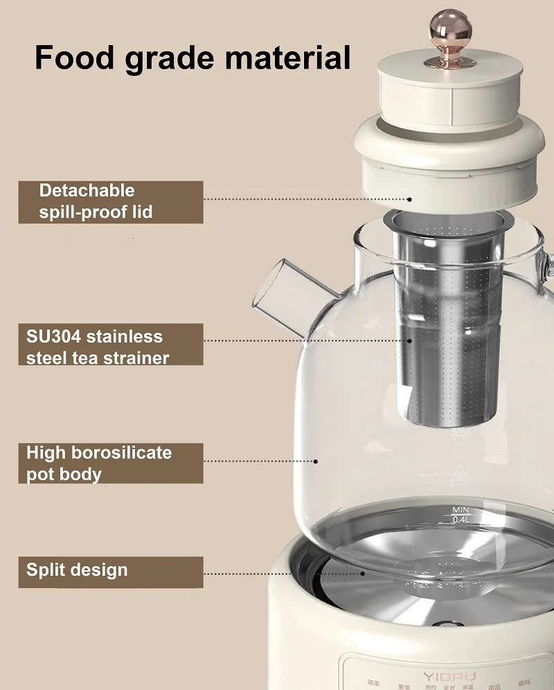 1.2L Multifunctional Health Pot Split Tea Brewer 4-Speed Temperature Adjust Office/Home Glass Flower Teapot Mini Electric Kettle