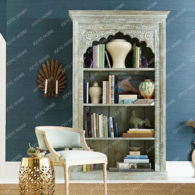 Solid wood retro old decorative cabinet Solid wood carving flower retro decorative cabinet Study bookcase