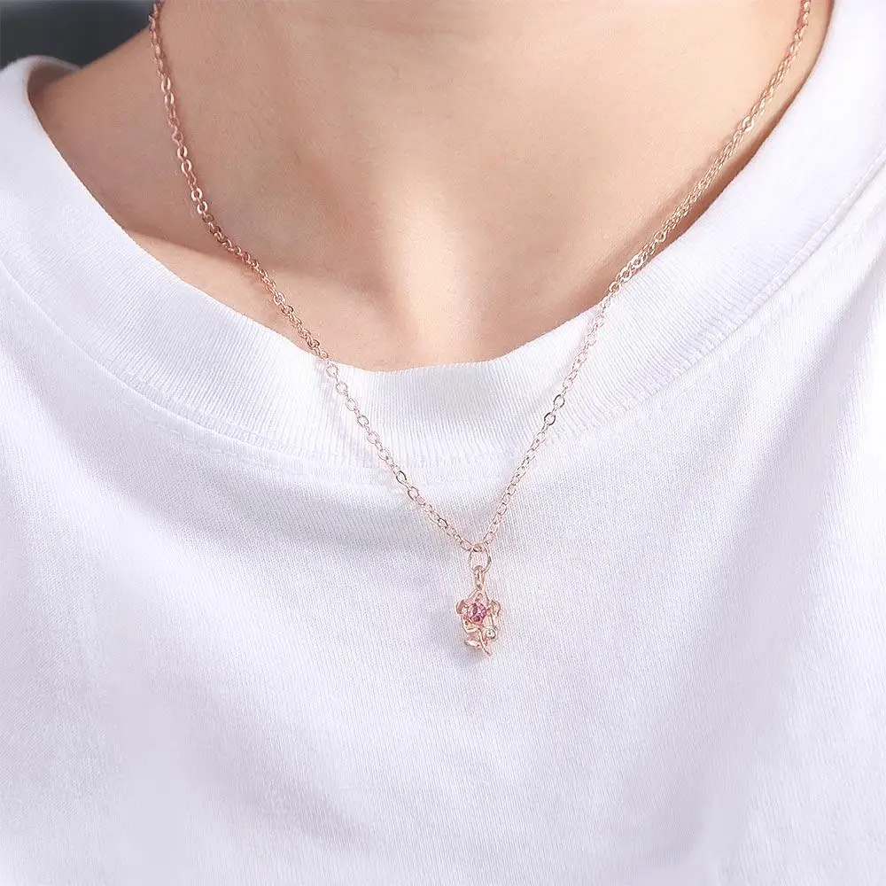 Simple Tender 3D Flower Choker Romantic Exquisite Pink Rose Necklace Fashion Box Chain Clavicle Chain Gift