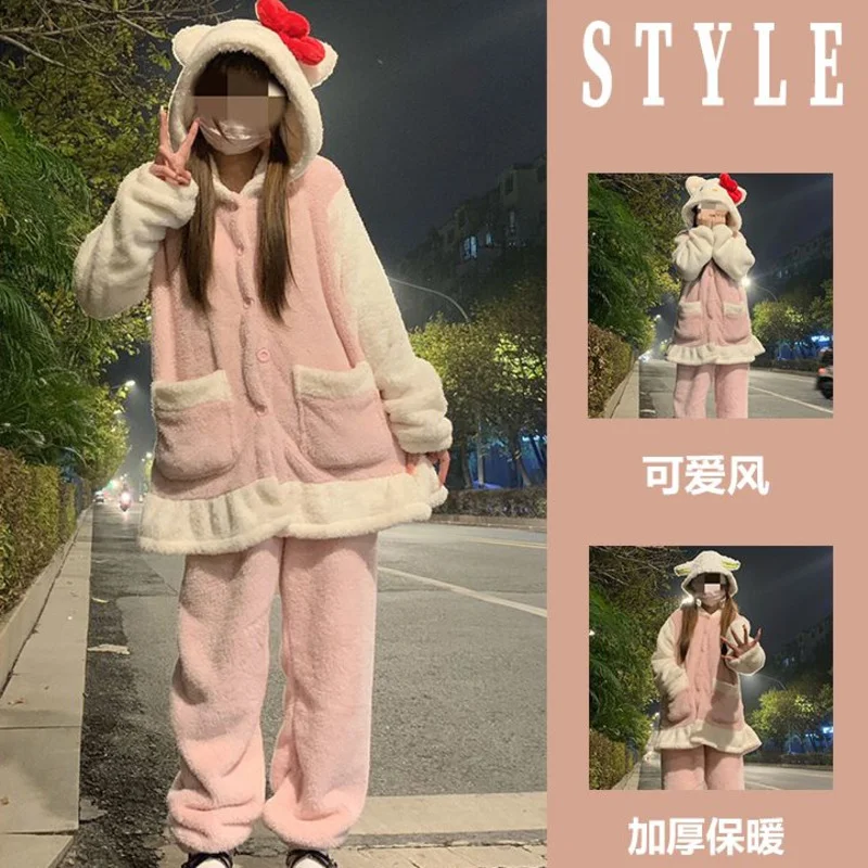 Sanrio Hello Kitty Cinnamoroll Melody Kawaii Winter Nightgowns Women\'s Coral Plush Thick Cute Long Pajamas Sets Nightdress Pants