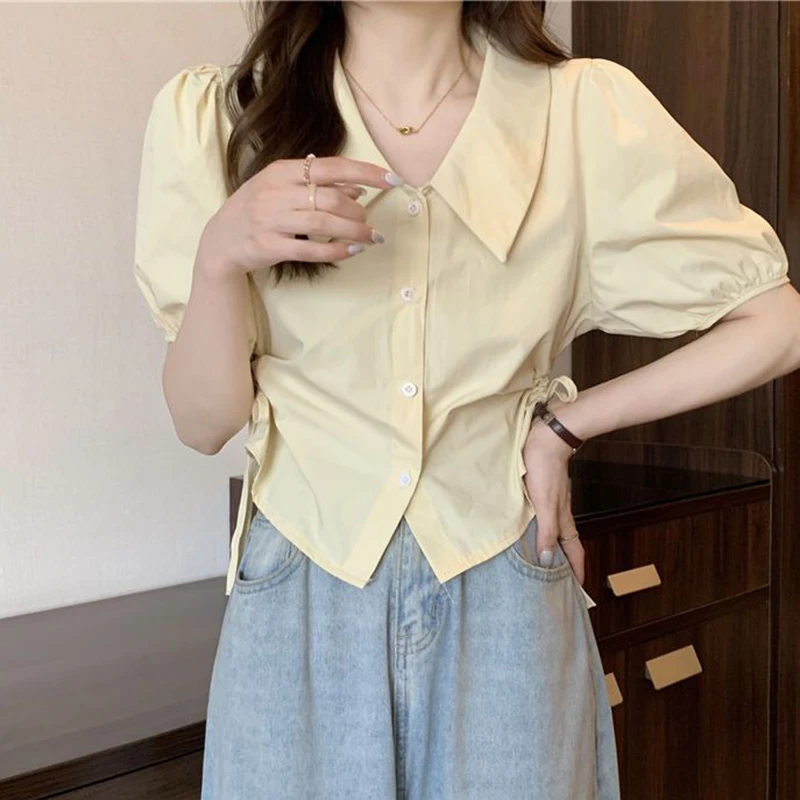 Y2K Women Blue Shirt Korean Sweet Preppy Style Bandage Short Sleeve Female Blouse Summer Turn Down Collar Ladies Crop Top