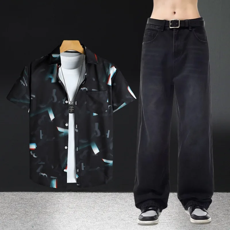 طقم قمصان جينز صيفية كاجوال للرجال بأكمام قصيرة مع ملابس جينز رفيعة ومريحة