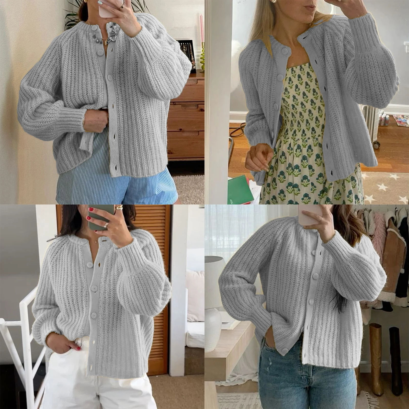 Women\'s Spring and Autumn Sweater Cardigan Loose Aesthetic Solid Color Round Neck Long Sleeve Buttoned Casual Top Winter Autumn