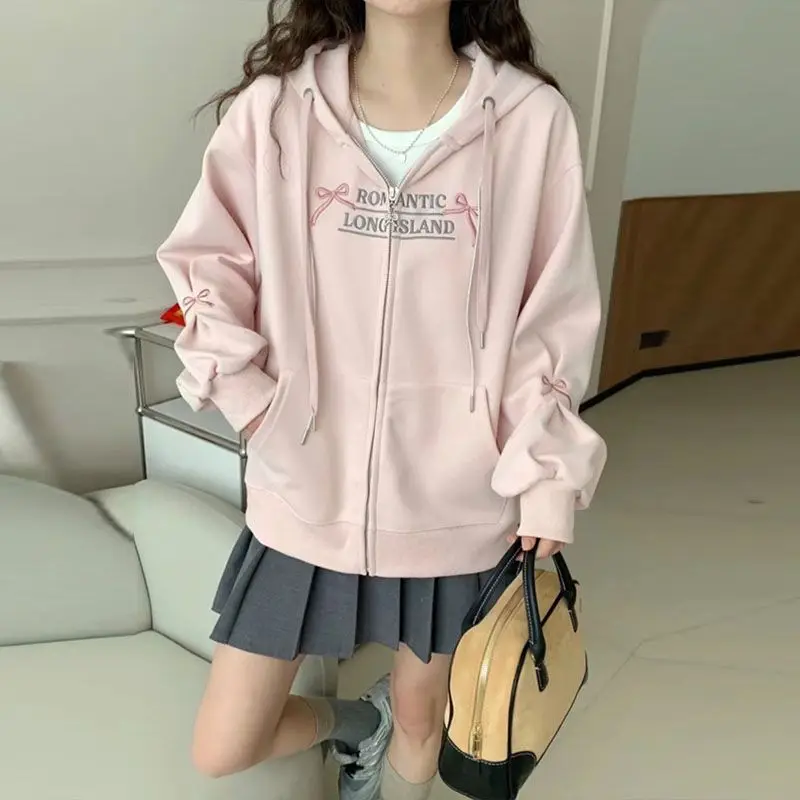 Korean Girl Sleeve Bow Design Sense Spring Loose Hooded Zipper Cardigan Sweater Lantern Sleeve Coat Embroidered Pink Bow Coat