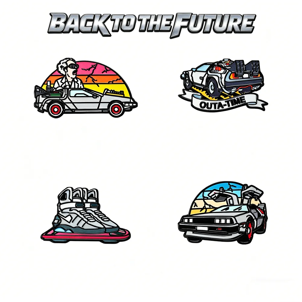 Conjunto de 4 Broches Esmaltados DeLorean Time Machine para Mochilas - Presentes Colecionáveis com Tema do Filme Regresso ao Futuro