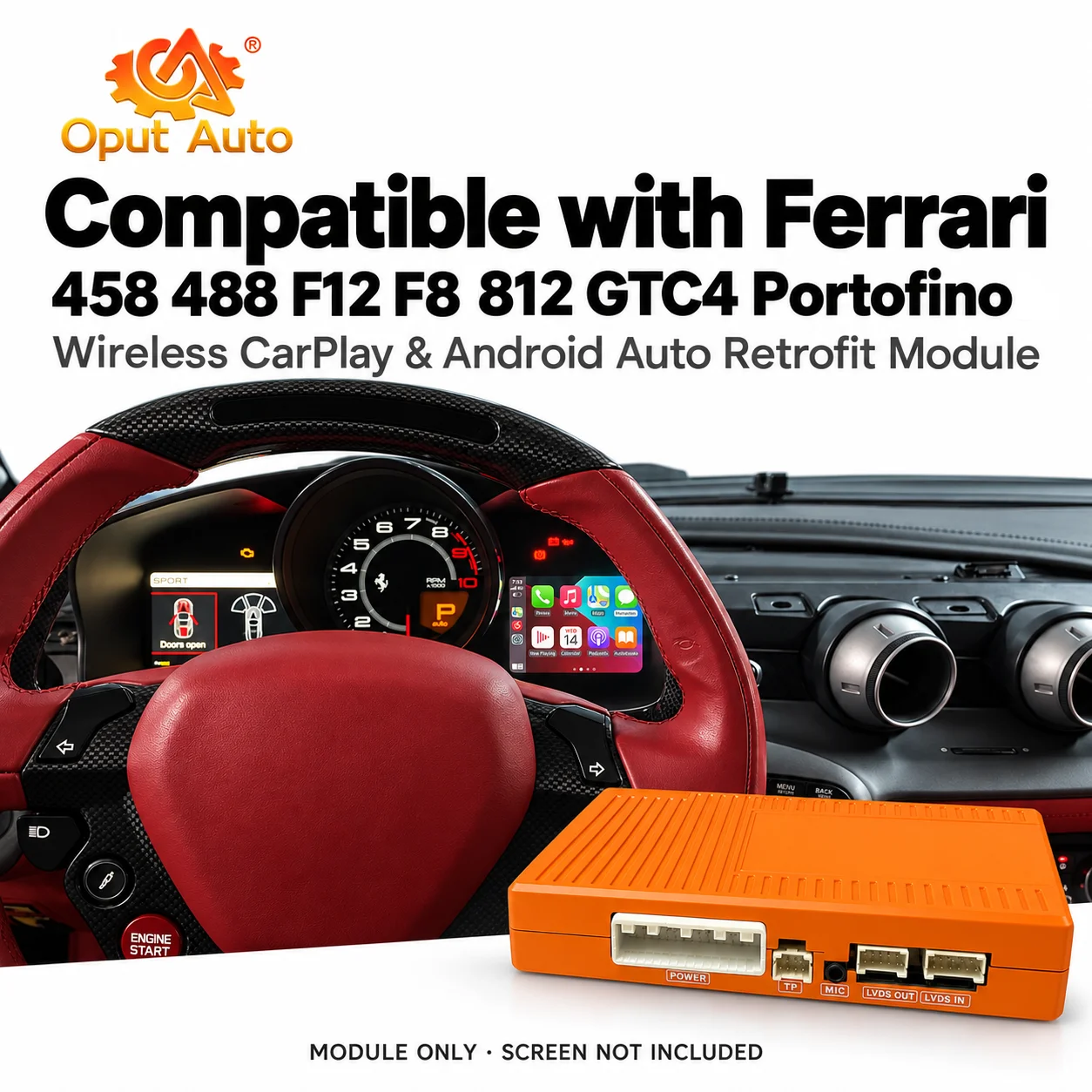 Wireless CarPlay Android Auto Retrofit Module Compatible with Ferrari 458 488 F12 F8,812 GTC4Lusso Portofino OEM Screen Upgrade