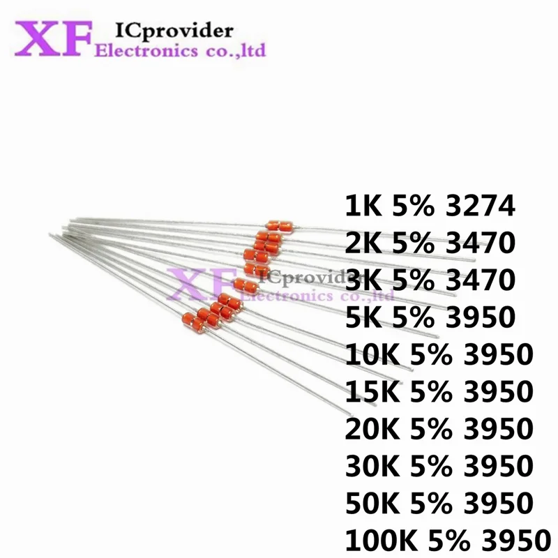 100 szt. szklana dioda uszczelniona typu NTC termistor MF58 1K 5% 2K 3K 3470 5K 10K 15K 20K 30K 50K 100k 5% 3950