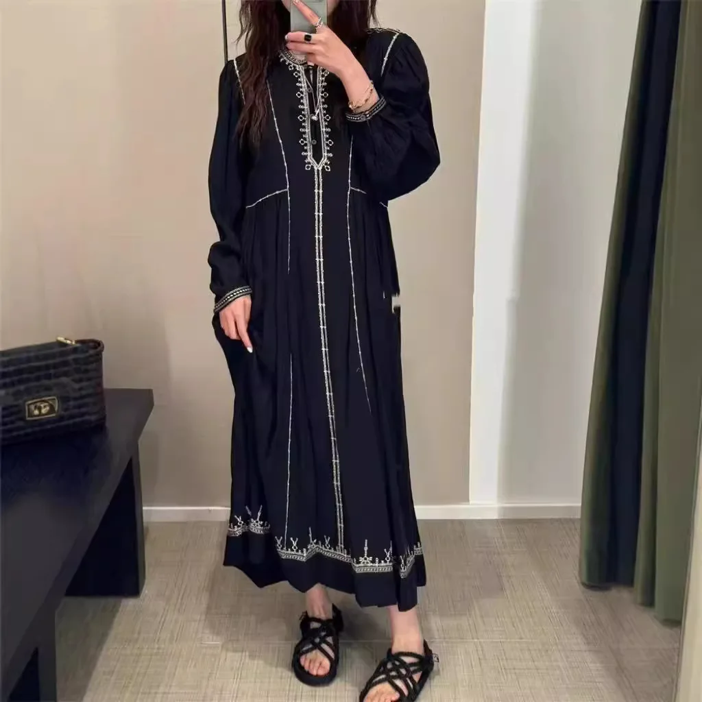

2025 Isabels Marants Dress Fashion French New Elegant Vintage Embroidery Round Neck Loose Long Sleeve Cotton Long Dress Woman