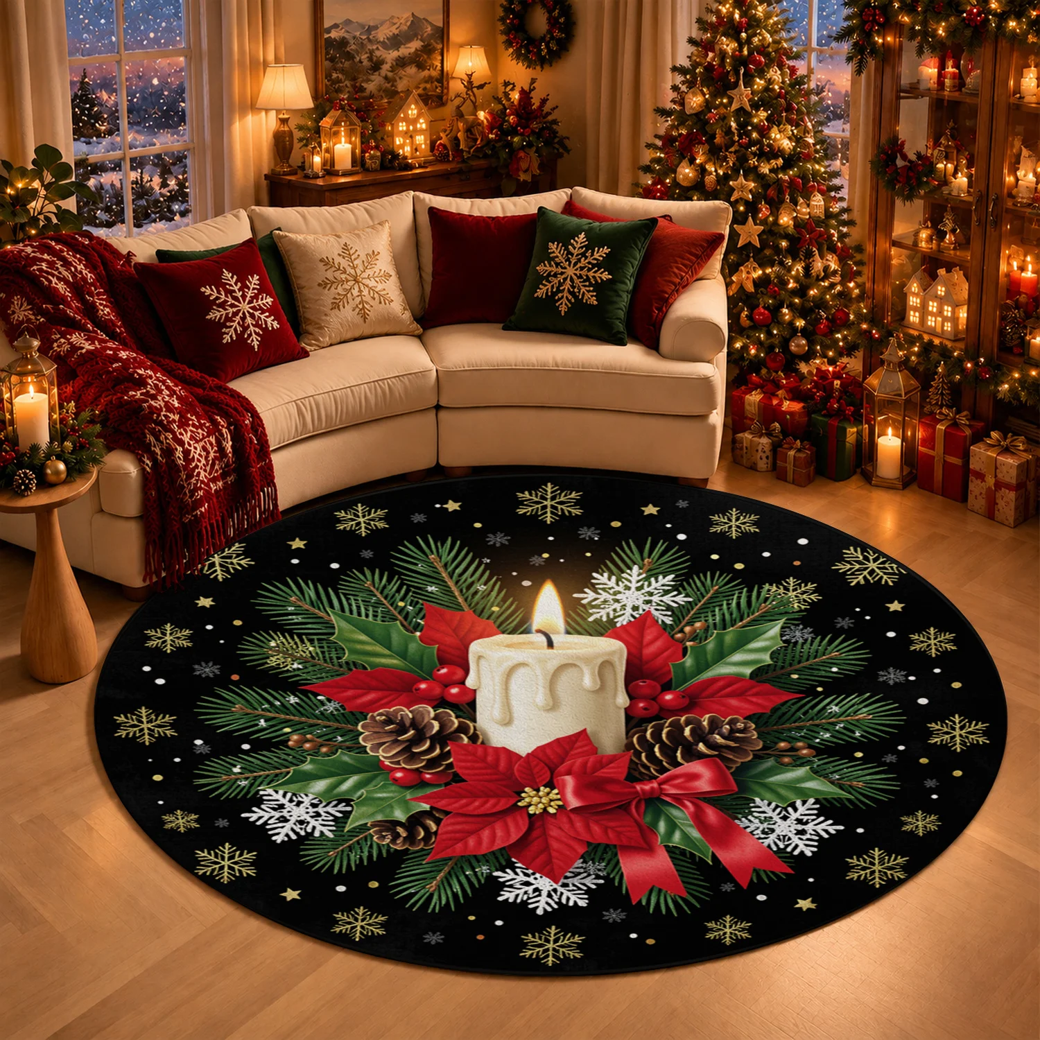 Christmas Candle Poinsettia Snowflake Pine Cone Round Velvet Rug Machine Washable Suitable for Living Room Dining Room Entryway Balcony Decor Halloween Thanksgiving Christmas New Year Black Friday Cyber Monday