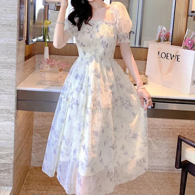 French Style Floral Chiffon Dress Square Neck Puff Sleeve Ruched Waist A-Line Midi Dresses Summer Sweet Short Sleeve Dresses