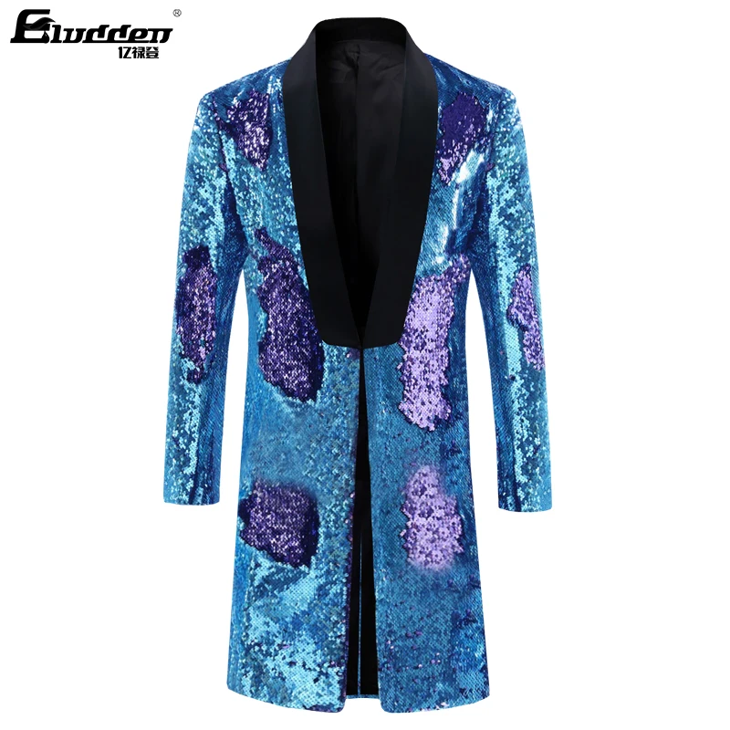 Male Fashion Shawl Lapel Double-sided Colorful Sequins Long Suit Jacket Blazer Men Stage Singer Costume Shiny trench coat jacket