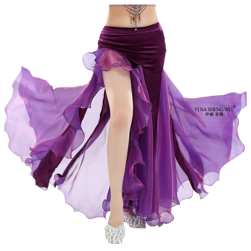 Traje de danza del vientre para mujeres adultas, falda de terciopelo con borde ondulado y abertura larga, falda de danza Oriental puesta en escena, ropa de danza del vientre