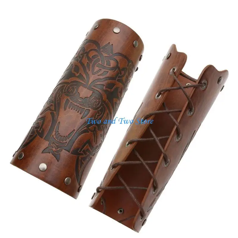 HX6F تنقش رأس الذئب نمط واقي المعصم الرجال Vintage فارس الأساور قابل للتعديل ثقب معدني قفافيز المعصم القوطية #5