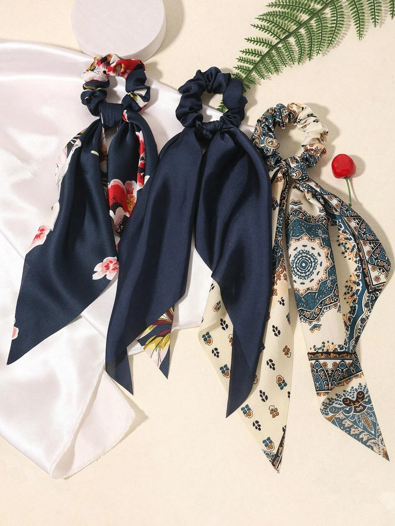 Bandana triangulaire en Satin imprimé artistique, nouveau Style, couleur unie, accessoires pour foulards longs, porte-queue de cheval, attaches pour cheveux, 3 pièces