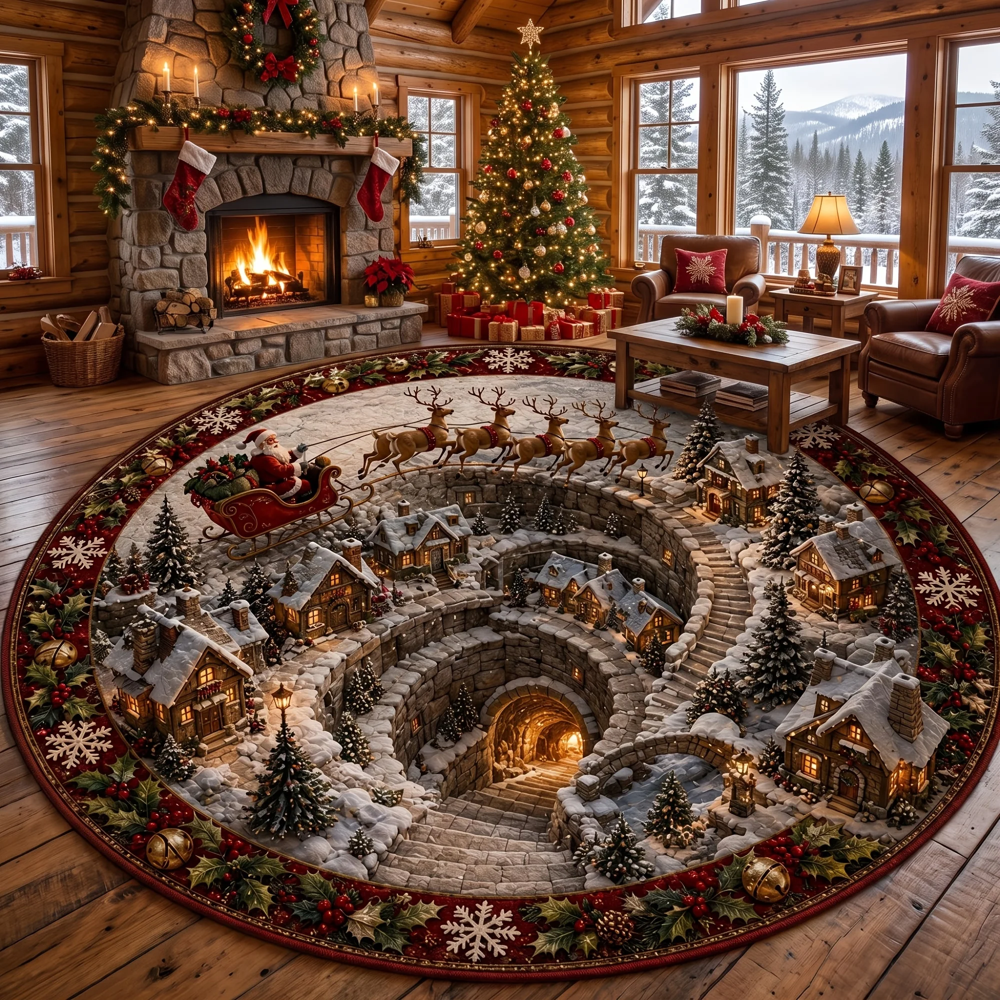 Round Christmas Home Rug 3D Vortex Santa Sleigh Reindeer Snow Village Print Floor Mat For Bedroom Living Room Party