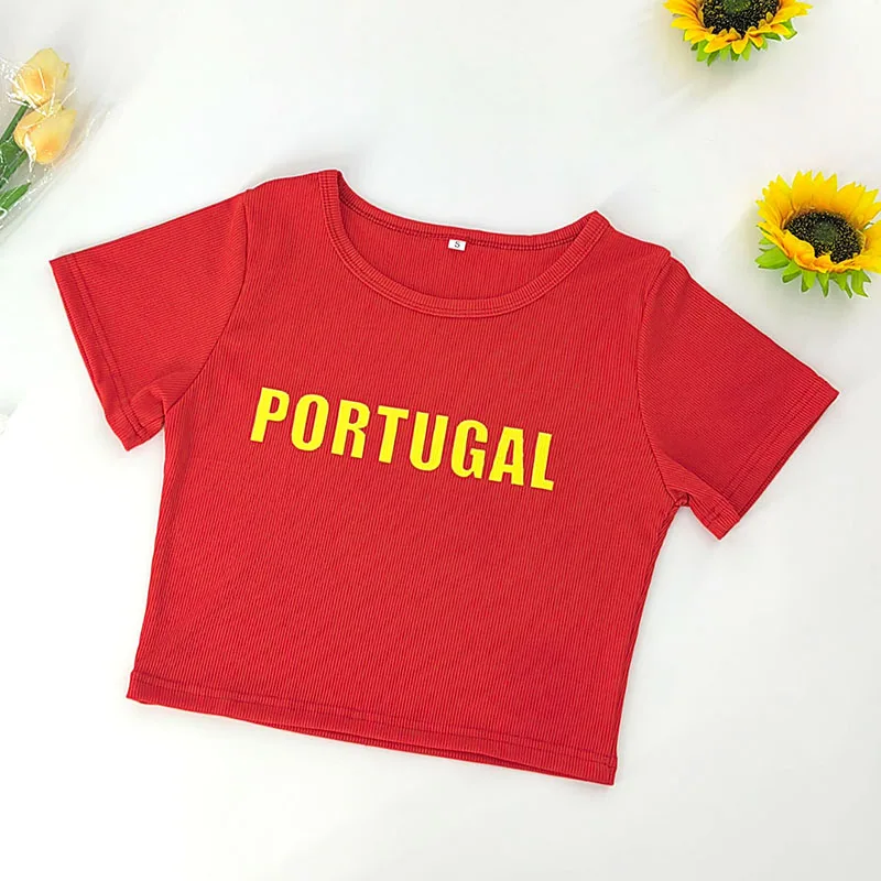 Portugal Red Sexy Y2k Summer Crop Tops Soccer Short Sleeve T-Shirts Women Solid T-shirt O Neck Crop Top Tee Female Casual TShirt