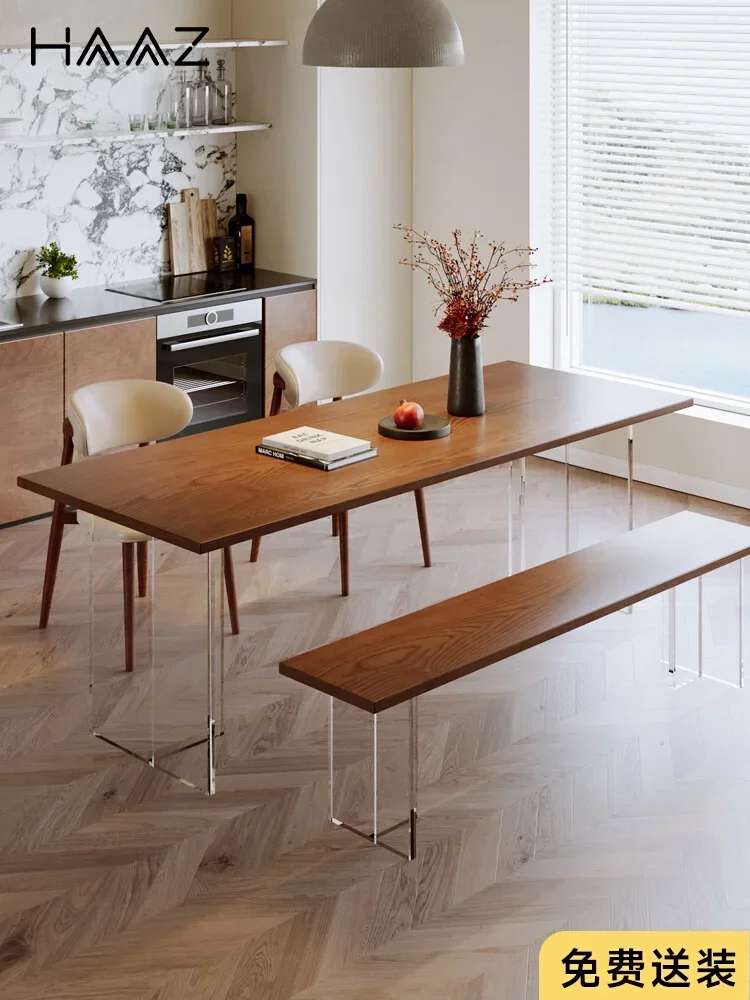 Combinación de mesa y silla de comedor de madera maciza de estilo japonés, mesa de comedor antigua, suspensión acrílica rectangular