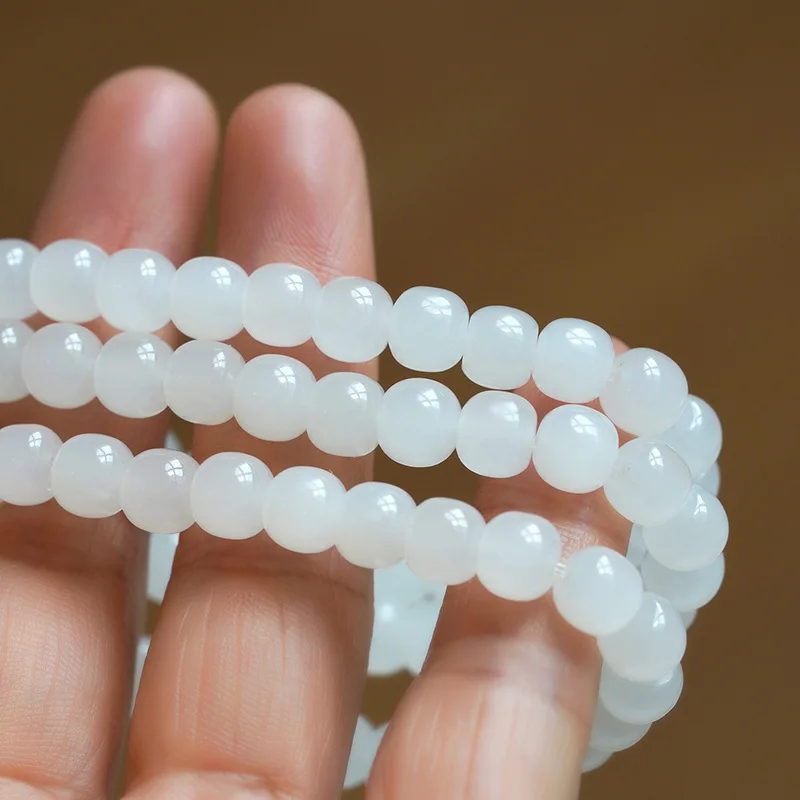 Hetian , Mutton Fat , White Jade Vintage-Style Bracelet, Women'S Fortune Bead Single-Loop Brac
