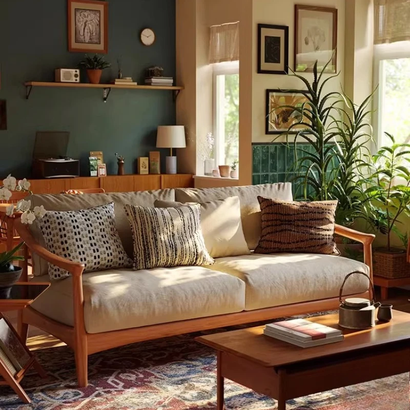 

Nordic solid wood living room fabric sofa log small apartment modern winter and summer sofa