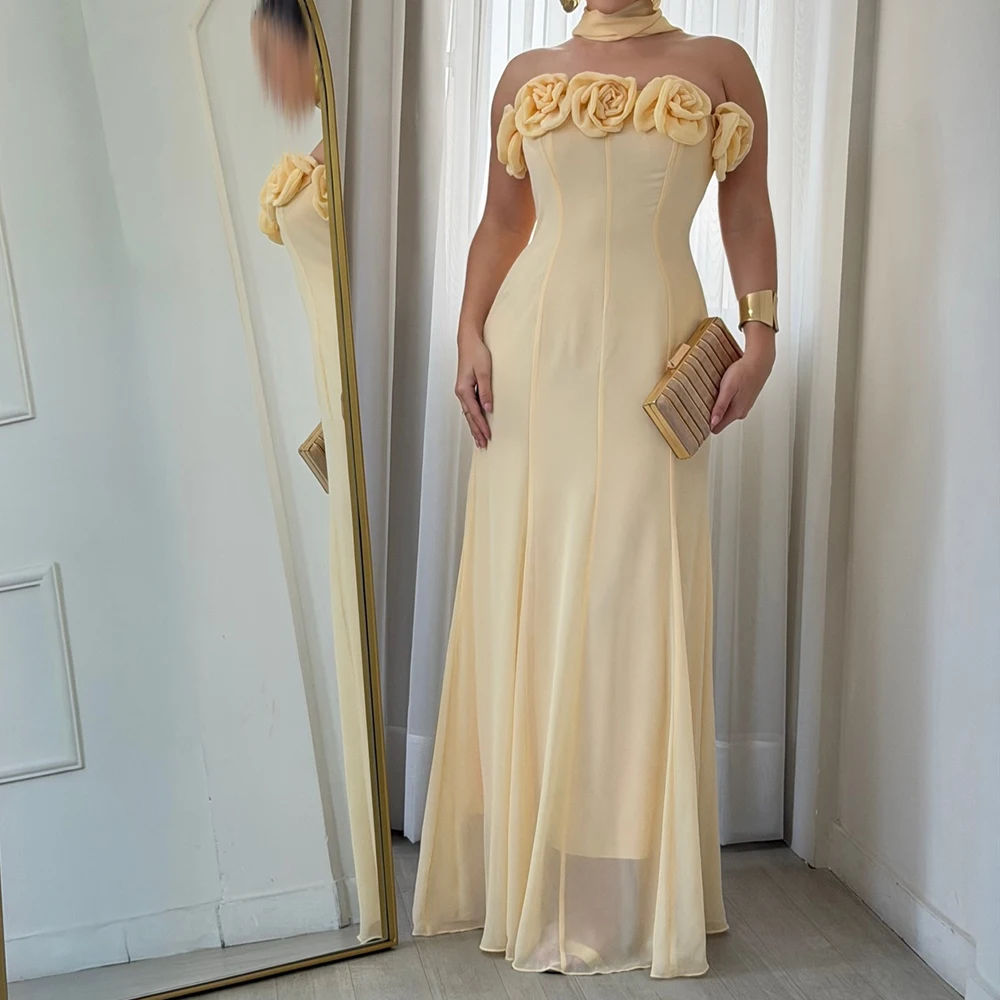 

Women's A-line Evening Dresses Floor-length Strapless Sleeveless Prom Gown Fashion Flowers Stole Simple Draped Customized Gown