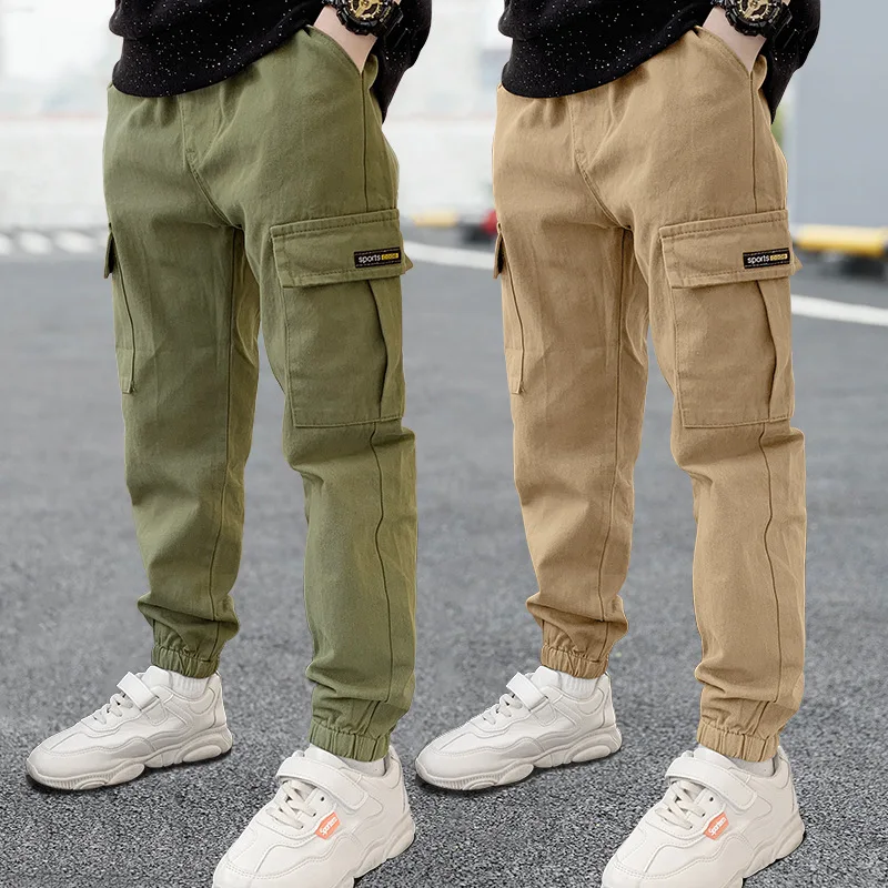2026 Spring Summer Kids Elastic Waist Pants Boys Multi-Pocket Casual Trousers 3-12Y Teenage Children Outdoor Sweatpants