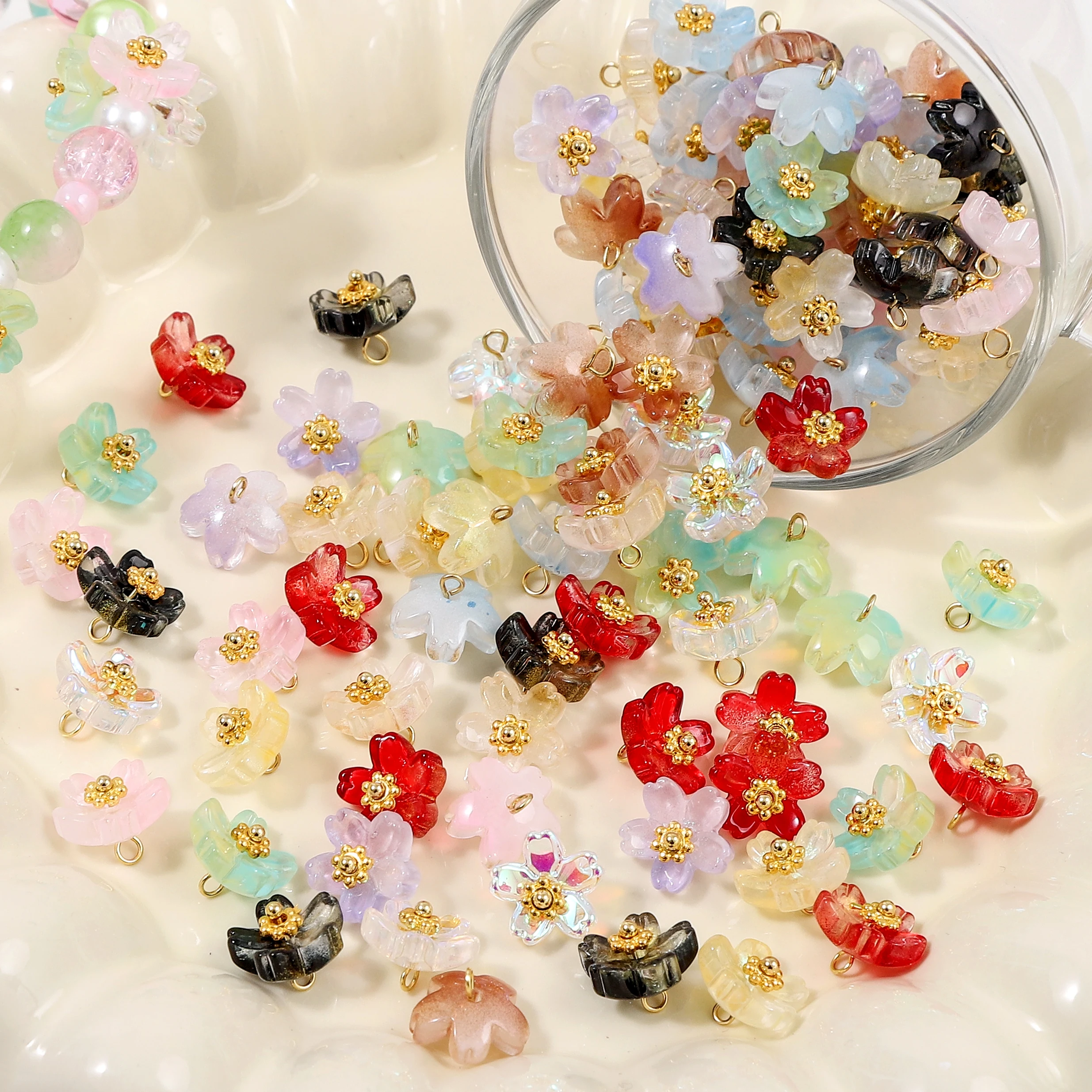 

1-5pcs Multicolor Cherry Blossom Charms 10mm Glass Sakura Flower Pendant For Jewelry Making DIY Bracelet Phone Chain Accessories