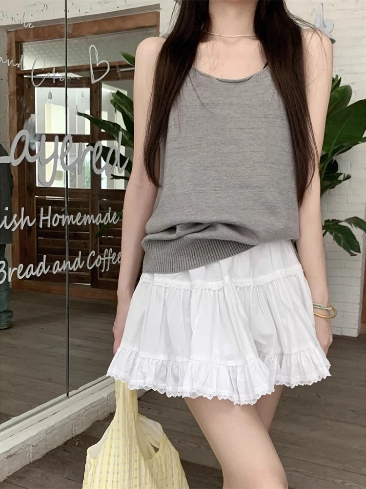 Korobov Sweet Style White Skirt Women's Summer Lace Cake Skirts Korean Fashion Women's Clothing Thin High-waisted A-line Skirt