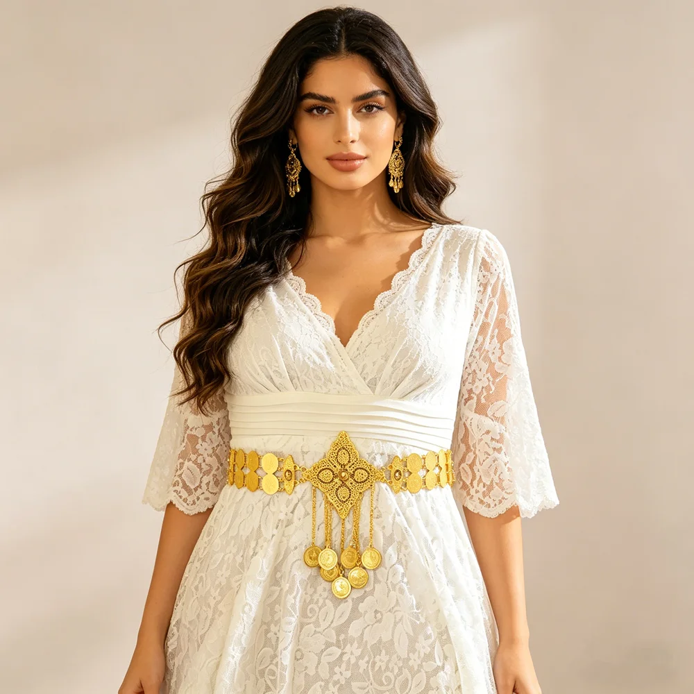 Elegant Arabic Golden Coin Tassels Waist Chain Adjustable Design For Ethnic Party Formal Occasions