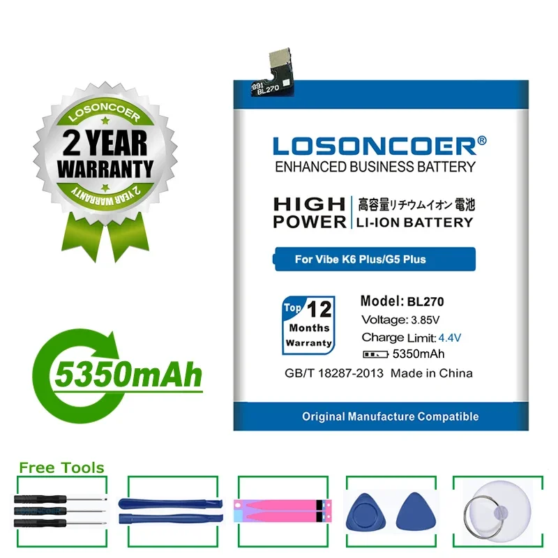 LOSONCOER Battery  5350mAh BL270 For Lenovo K6 K8 Note K53a48 Vibe K6 G G5 Plus For Motorola Moto G6 Play XT1922 Phone