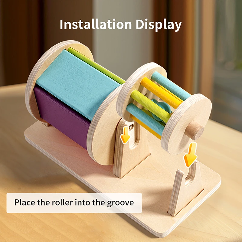 Tambor flip de madeira montessori-quebra-cabeça giratório de espelho e rolamento colorido, brinquedo sensorial de educação precoce para bebês e crianças