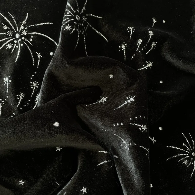 Black Velvet Firework Embroidery Fabric for Dress Tablecloth Curtain Heavy Duty DIY New Vintage Clothing Fashion Fabric