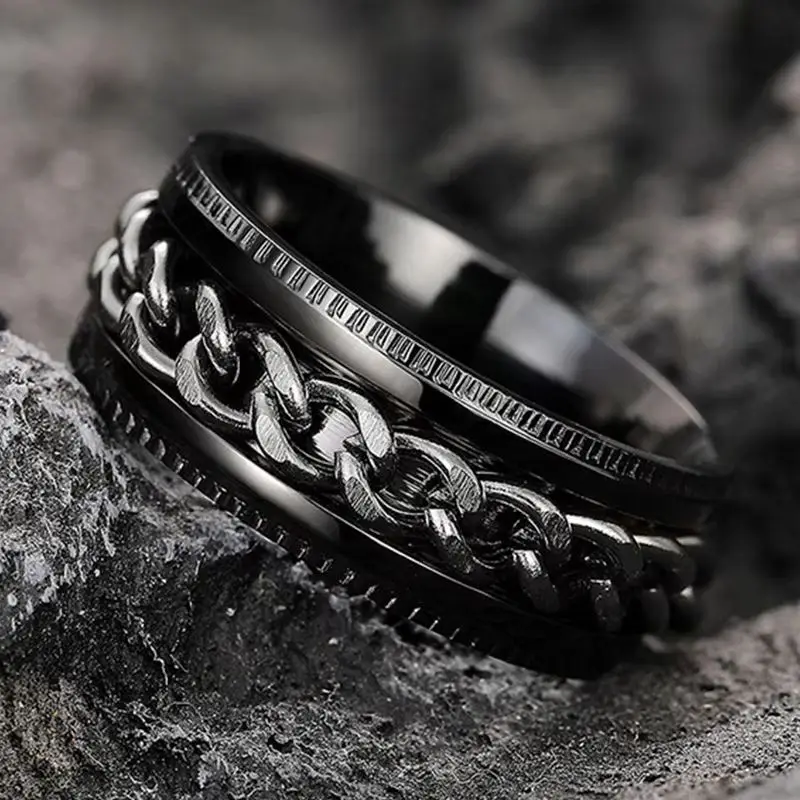 Stainless Steel Rotatable Chain Fidget Spinner Ring for Men Stress Relief Band Jewelry Anillos De Hombres