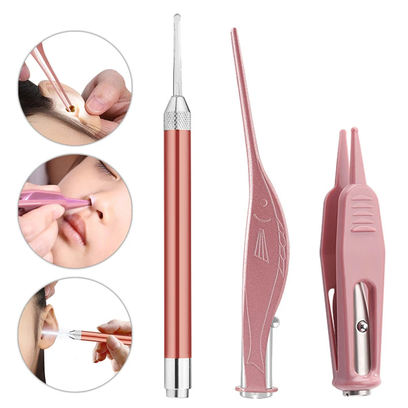

Ear Nose Cleaner Spoon LED Flashlight Baby Earwax Curette Picker Visual Endoscope Earpick Booger Wax Remover Tweezer Forceps Set