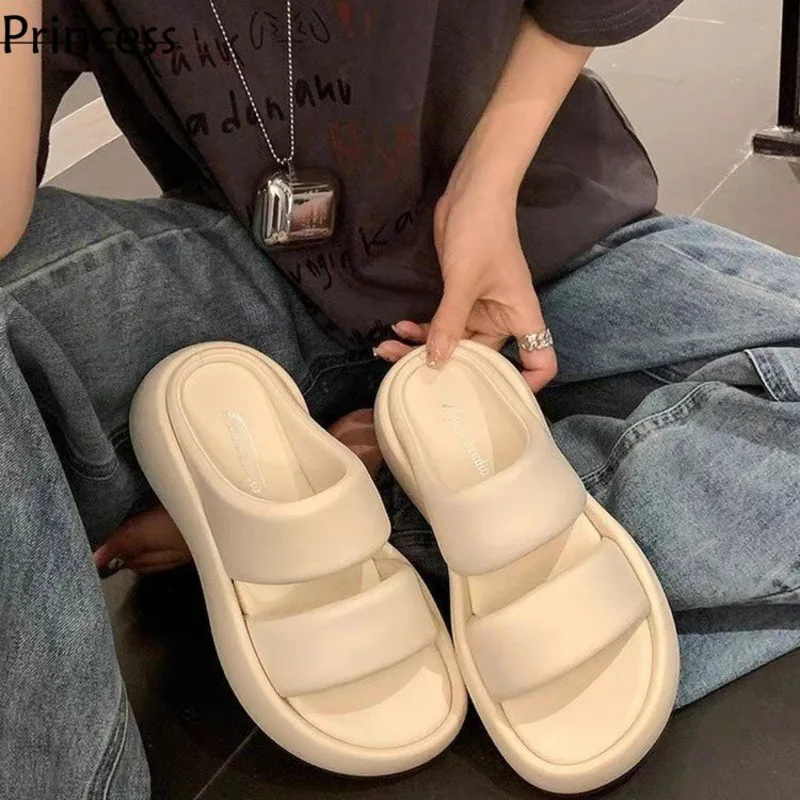 [Sheii Suyin] Cloud Bubble~Small Soft Leather Double Band Bread Casual Thick Sole Elevated Slippers Women's Sandals