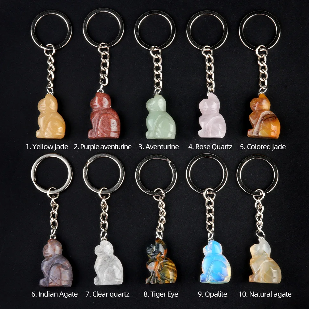 

10pcs Carving Little Cat Stone Key Rings Chakra Gem Kitten Charms Keychains Healing Crystal Keyrings for Women Men