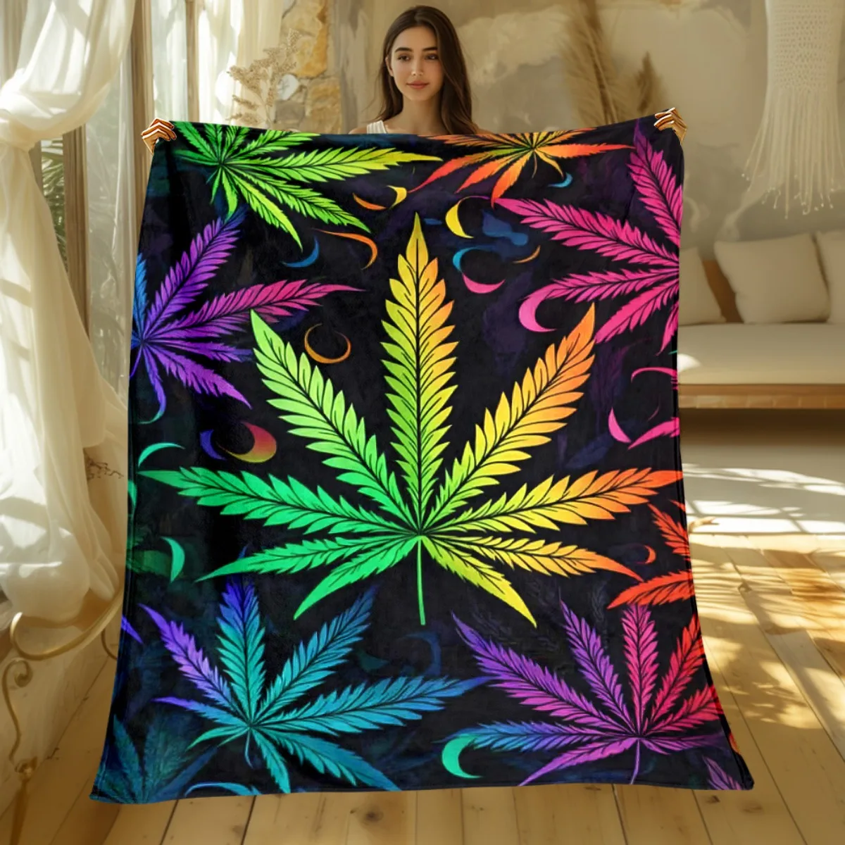 Rainbow Cannabis Leaf Pattern Fleece Blanket Psychedelic Hippie Style Throw Hipster Gift Colorful Soft Comforter for Couch Bed